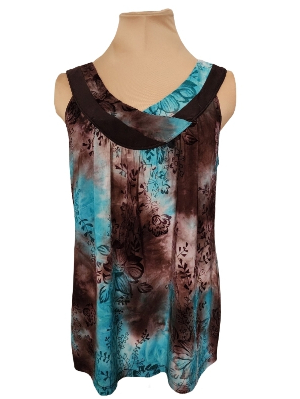Boho‎ Burnout Velvet Floral Tank Brown Teal Flowy Top Medium Size